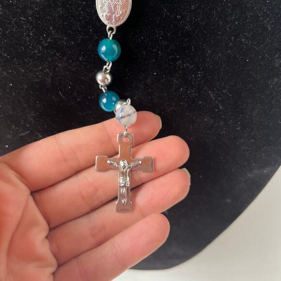 Blue Chalcedony Stone Miraculous Medal Rosary 3D Crucifix Catholic Silver Bead - Picture 4 of 8